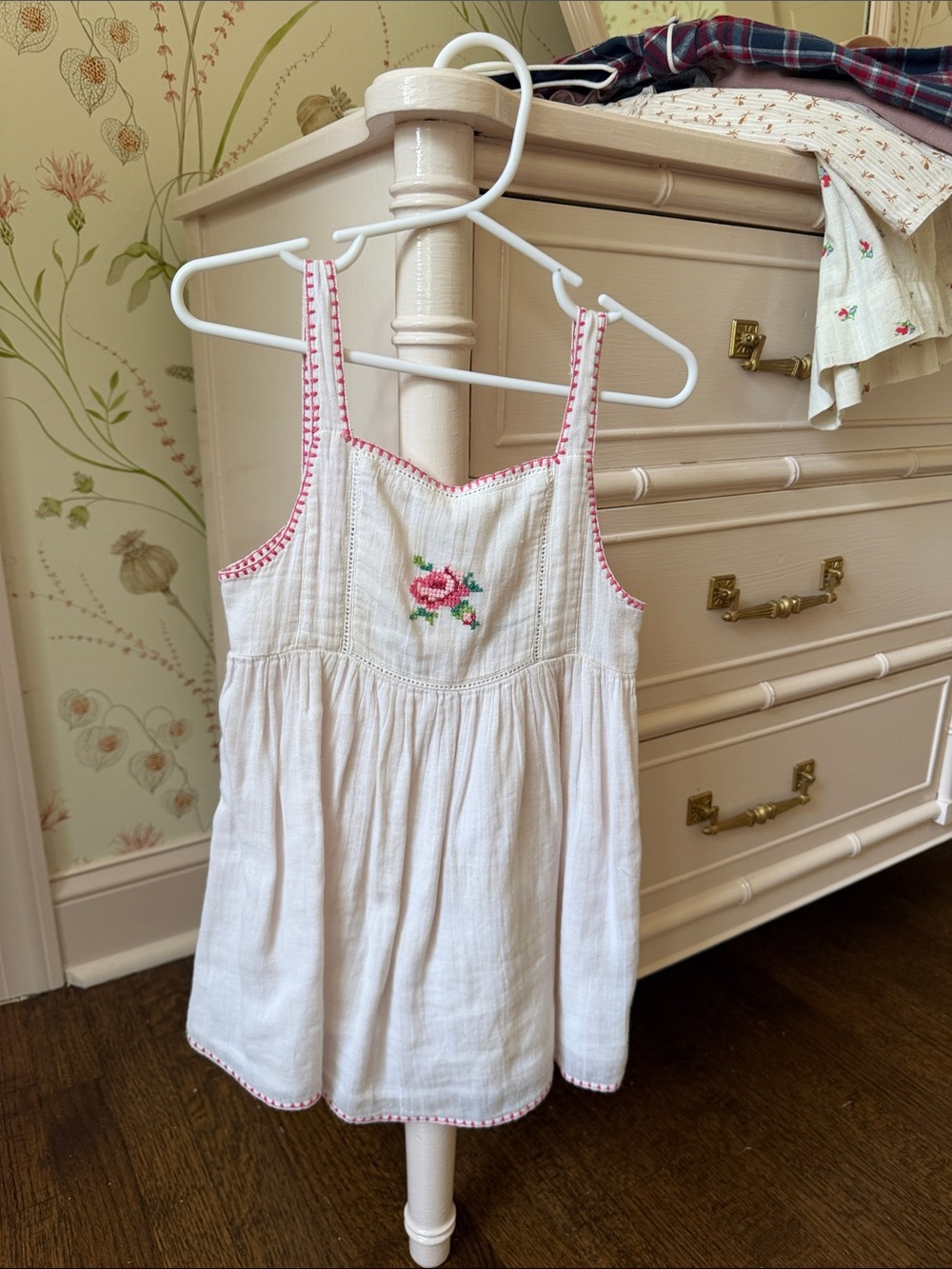 Emile et Ida White Cotton Floral Embroidered Sundress Tank